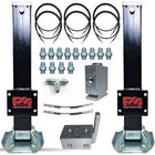 24k Double Hydraulic Trailer Jack Add-On Kit, featuring a black rectangular object with red text, a metal tee, and black hoses, ideal for heavy-duty towing.