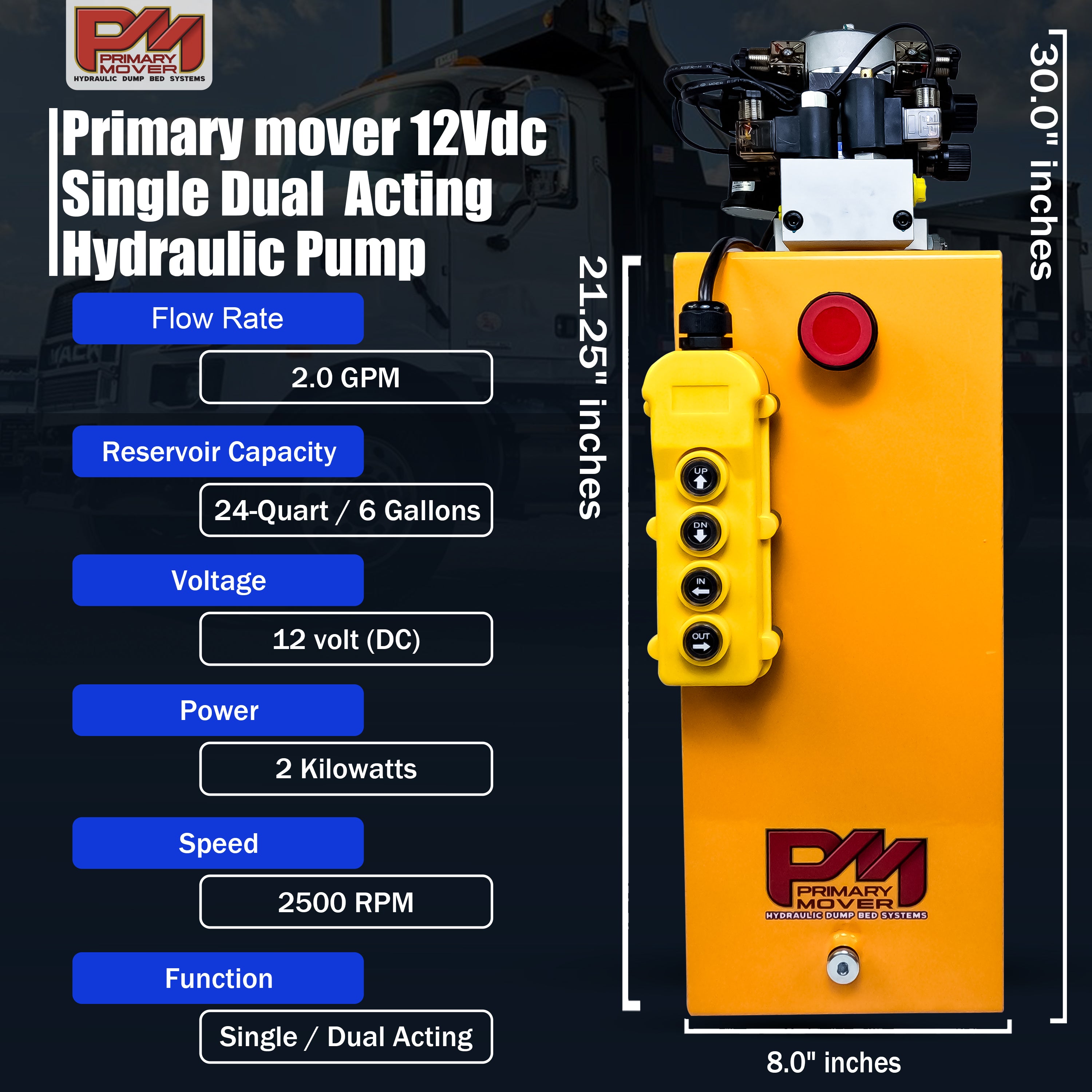 Primary Mover 12Vdc Single Double Pump, featuring a yellow machine with control panel and buttons, designed for telescopic dump trailers and hydraulic applications.