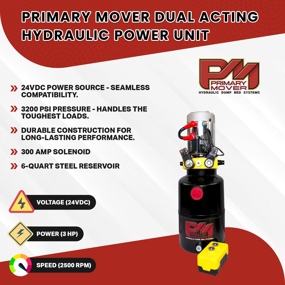 Primary Mover dual acting hydraulic power unit with a black reservoir, motor, and yellow remote control.