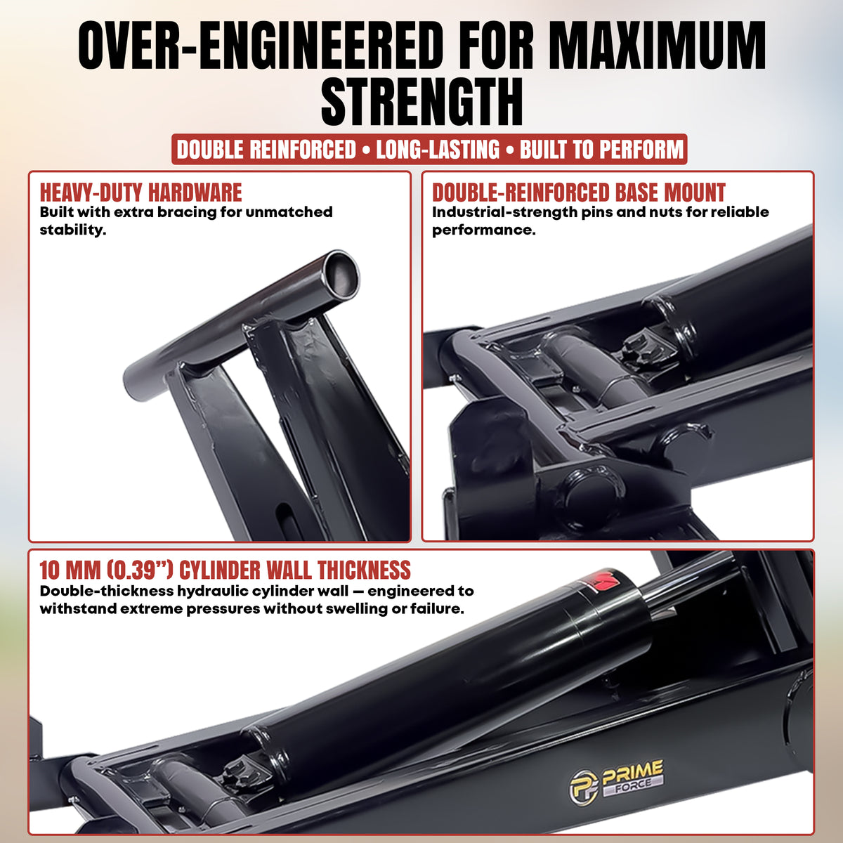 Title: 12 Ton HD Hydraulic Scissor Hoist Kit for 16-20' Dump Body

Meta Description: Discover the PF-625 hoist kit with reinforced construction, ideal for heavy-duty dump trailers, featuring a 6.5 cylinder and 10mm thick walls.

Alt Text: Prime Force hydraulic floor jack triptych showing reinforced jack arms, double-reinforced base, and 10mm cylinder wall, highlighting durability and strength.