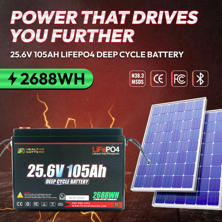**Title:** Healthy Battery 25.6V 105Ah LiFePO4 Deep Cycle Battery – 2688Wh

**Meta Description:** Discover the Healthy Battery 25.6V LiFePO4 with 2688Wh, built-in BMS, Bluetooth, and solar compatibility. Ideal for high-performance, heavy-duty applications.

**Alt Text:** LiFePO4 deep-cycle battery with 2688Wh, Bluetooth, solar compatibility.