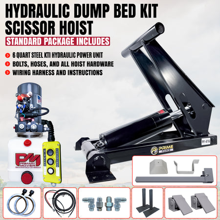 Hydraulic dump bed scissor hoist kit including a power unit, handheld remote, hoses, fittings, and mounting hardware.
