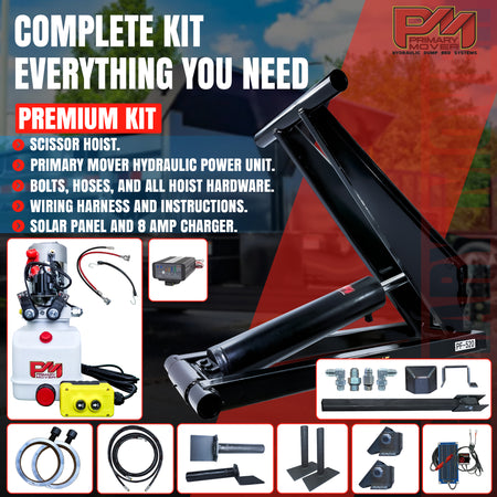 6 Ton Hydraulic Scissor Hoist Kit PF-416, featuring a robust 5.5 cylinder and red wires, designed for 10-14' dump trailers or utility truck beds.