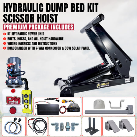 Hydraulic dump bed scissor hoist kit featuring a power unit, solar panel, controller, hardware, and mounting brackets.
