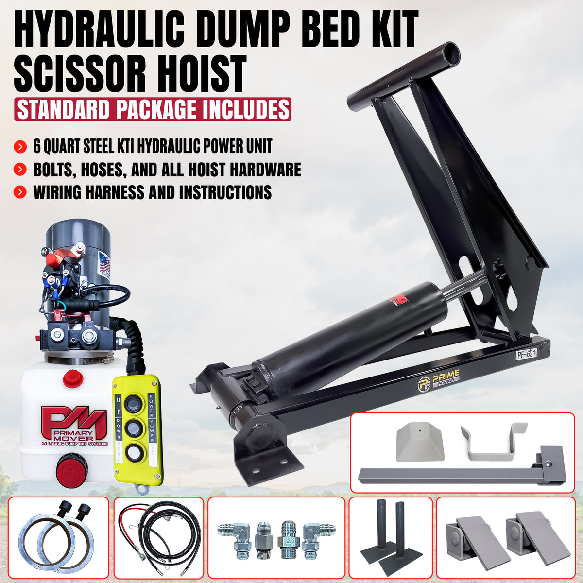 Hydraulic dump bed scissor hoist kit with a power unit, handheld remote, hydraulic hoses, and mounting hardware.
