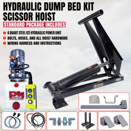 Hydraulic dump bed scissor hoist kit with a power unit, handheld remote, hydraulic hoses, and mounting hardware.