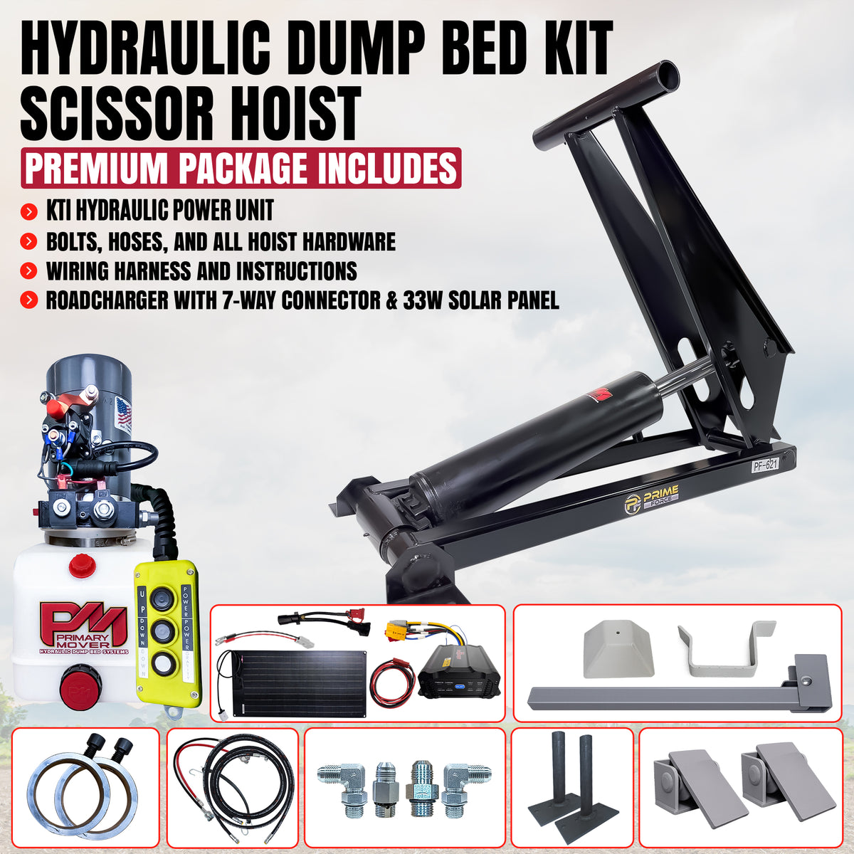 Hydraulic dump bed scissor hoist kit featuring a power unit, solar panel, wiring, hoses, and mounting hardware.