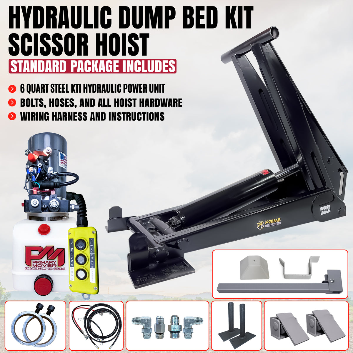 Hydraulic dump bed kit featuring a scissor hoist, power unit, remote, hoses, wiring, and mounting hardware.
