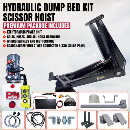Hydraulic dump bed scissor hoist kit including a power unit, solar panel, controller, hardware, and mounting components.
