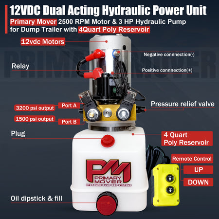 Primary Mover 12V Double-Acting Hydraulic Pump with Poly Reservoir, featuring red and black buttons, a red button, and a red and gold logo.