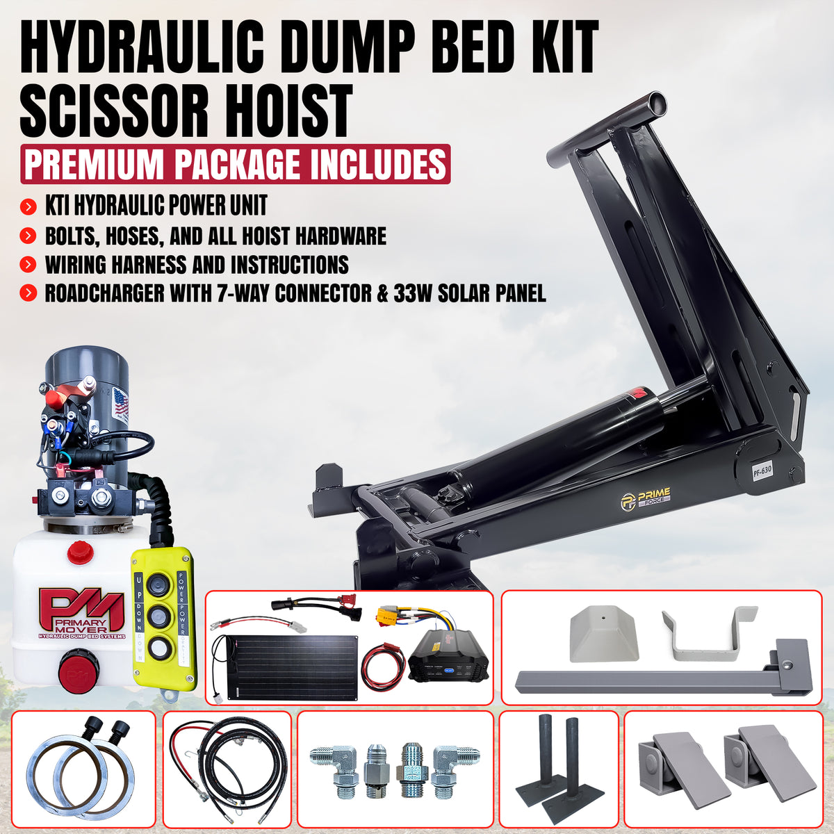 Hydraulic dump bed scissor hoist kit with a hydraulic power unit, solar panel, wiring harness, and mounting hardware.