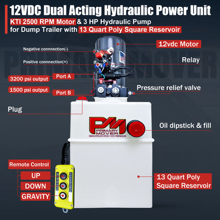 **Title:** KTI 12V Double-Acting Hydraulic Pump - Poly Reservoir

**Meta Description:** Discover the KTI 12V Double-Acting Hydraulic Pump with a poly reservoir, designed for efficient lifting in dump trailers, featuring dual-action and user-friendly controls.

**Alt Text:** KTI 12V Double-Acting Hydraulic Pump diagram showing motor, battery connections, relay, pressure relief valve, dual high-pressure ports, poly reservoir, and remote control.