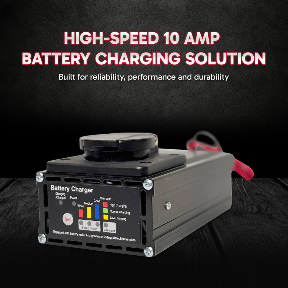 **Title:** Panel Mount Battery Charger & Tester - 10 Amp | PM1210T-D

**Meta Description:** Discover the PM1210T-D, a reliable 10 Amp panel mount battery charger and tester with 3-step technology, LED indicators, and heavy-duty cables for optimal performance.

**Alt Text:** Panel Mount Battery Charger & Tester - 10 Amp, with fold-up handle, LED indicators, test button, and red/black cables for 12V batteries.