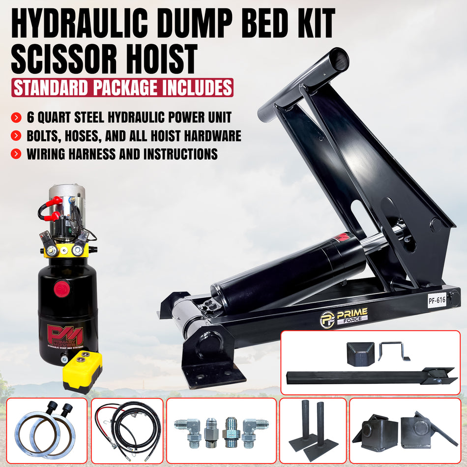 11 Ton Hydraulic Scissor Hoist Kit - Fits 12-16' Dump Body PF-616-6

Image shows scissor hoist assembly, hydraulic power unit, remote, hoses, fittings, and mounting hardware for a dump bed conversion.