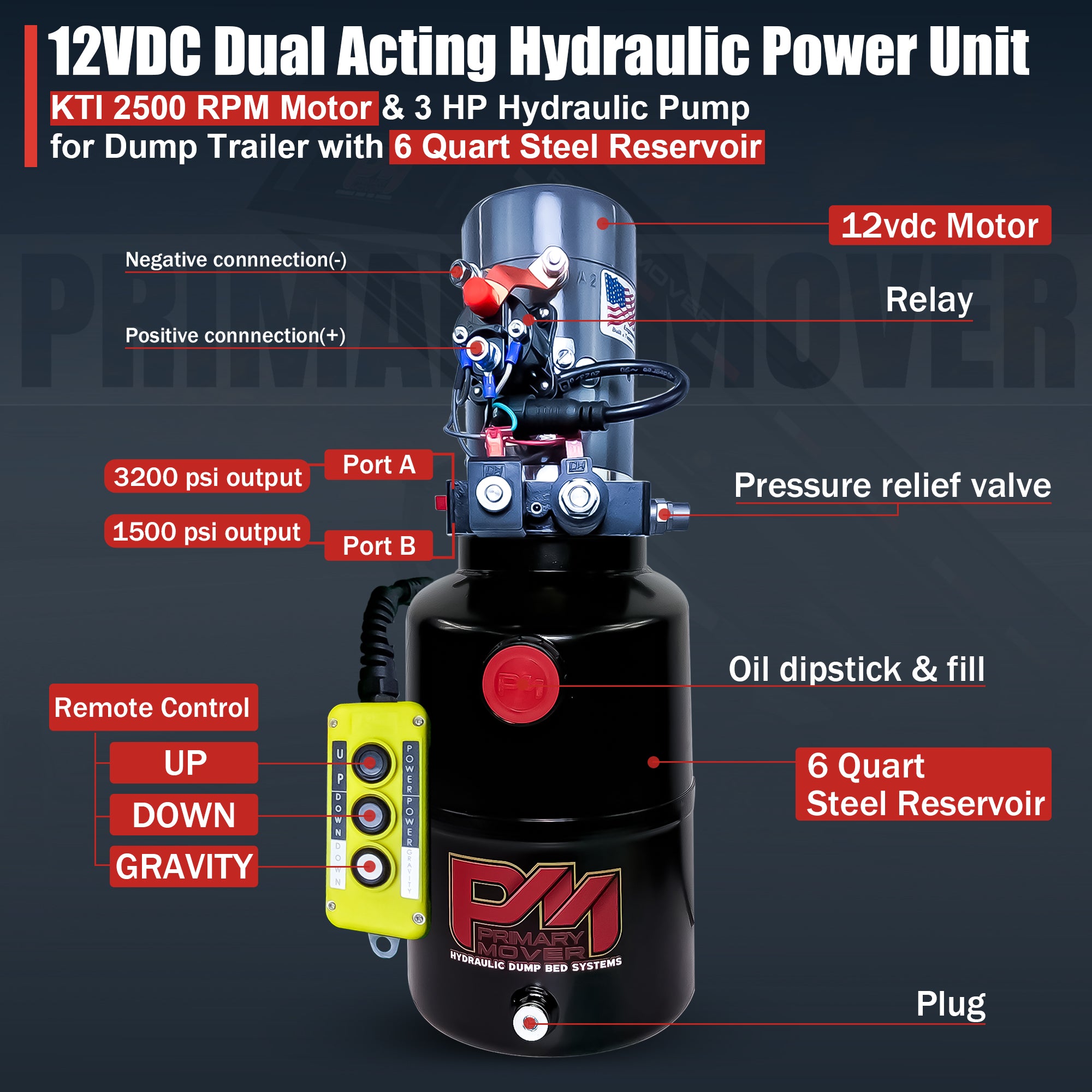 KTI 12V Double-Acting Hydraulic Pump with steel reservoir, showcasing a yellow power button and logo, designed for efficient hydraulic dump bed systems.