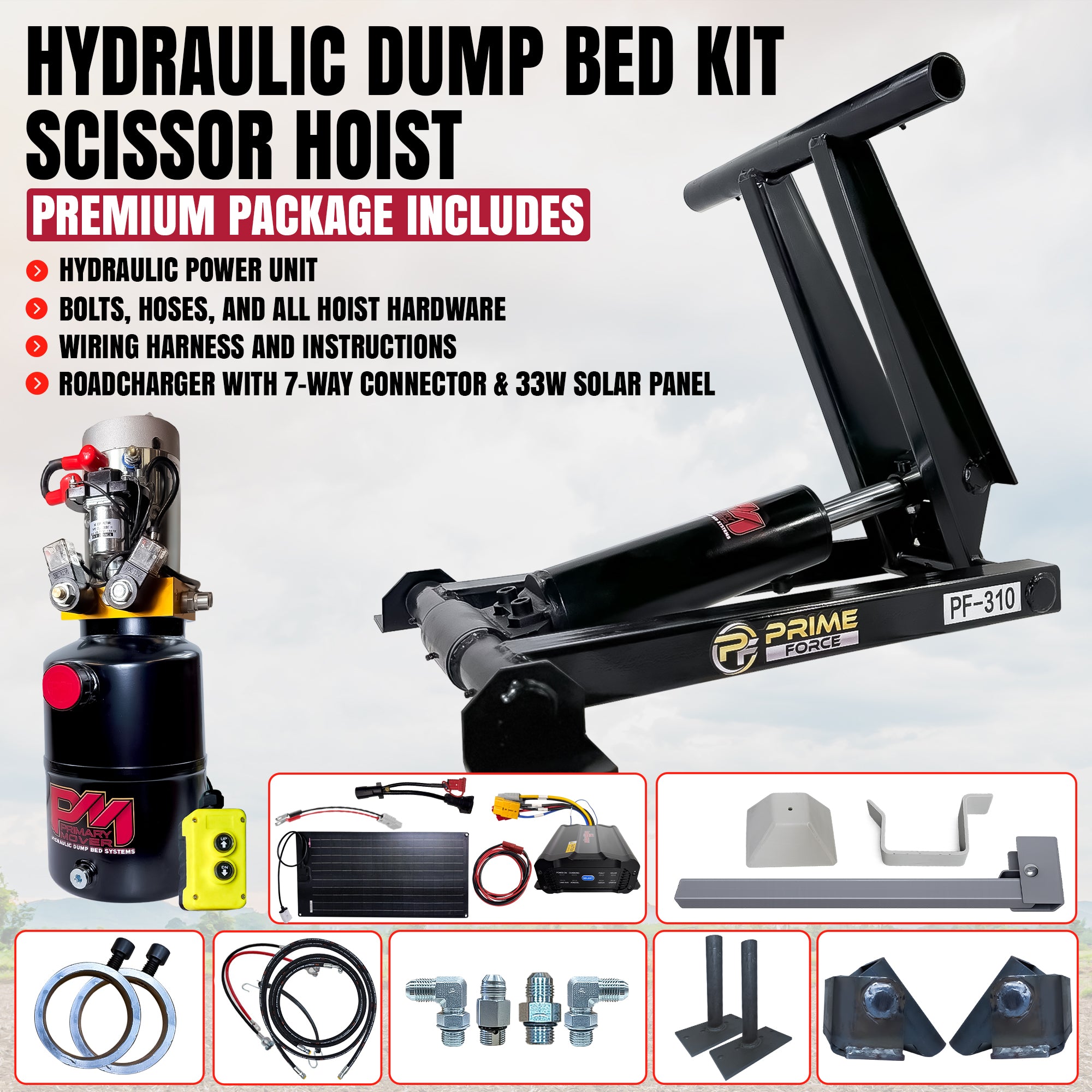 **Title:** 3 Ton Hydraulic Scissor Hoist Kit - PF-310

**Meta Description:** Premium 3 Ton Hydraulic Scissor Hoist Kit with PF-310, featuring power unit, remote, charger, and solar panel for 8-10' dump bodies.

**Alt Text:** PF-310 Scissor Hoist Kit with hydraulic power unit, remote, charger, solar panel, and mounting hardware for 8-10' dump body.