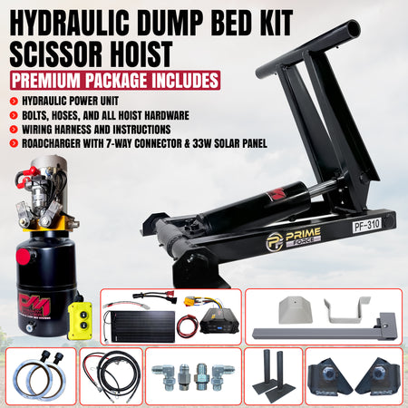 **Title:** 3 Ton Hydraulic Scissor Hoist Kit - PF-310

**Meta Description:** Premium 3 Ton Hydraulic Scissor Hoist Kit with PF-310, featuring power unit, remote, charger, and solar panel for 8-10' dump bodies.

**Alt Text:** PF-310 Scissor Hoist Kit with hydraulic power unit, remote, charger, solar panel, and mounting hardware for 8-10' dump body.