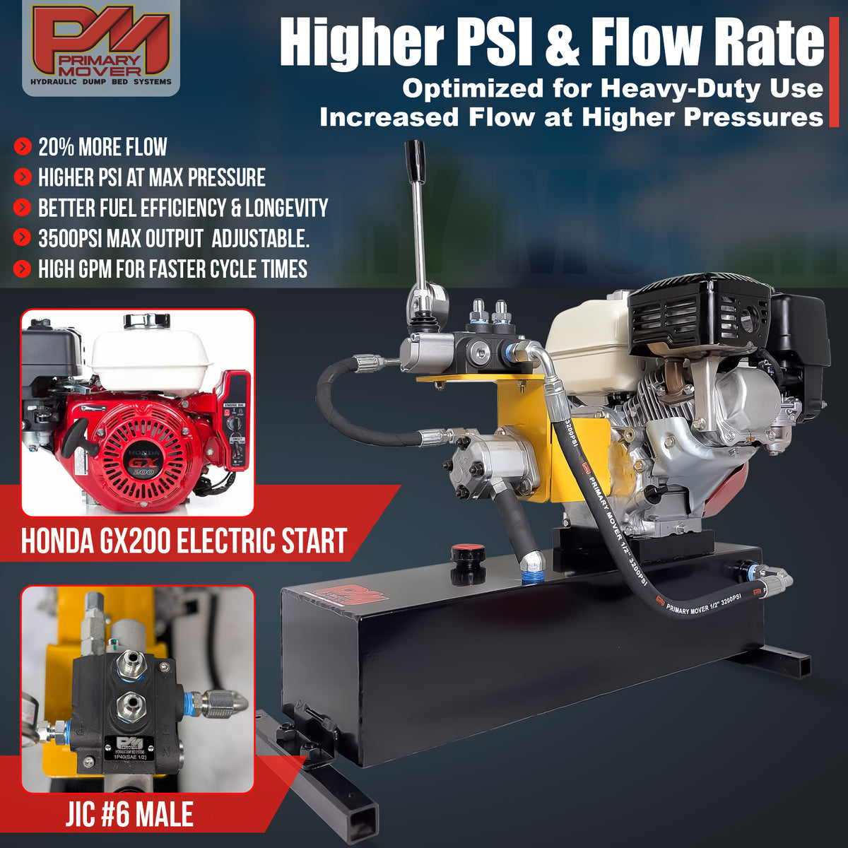 **Title:** Primary Mover Gasoline Hydraulic Pump | PF-GPU-5G

**Meta Description:** Discover the Primary Mover Gasoline Hydraulic Pump with Honda GX200 engine. Offers enhanced flow, PSI, and efficiency for heavy-duty applications.

**Alt Text:** Primary Mover hydraulic pump with Honda GX200 engine, reservoir, manual valve, and performance specs highlighted.