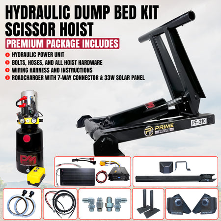 **Title:** 3 Ton Hydraulic Scissor Hoist Kit - Fits 8-10' Dump Body - PF-310

**Alt Text:** PF-310 hydraulic scissor hoist kit with power unit, remote, mounting hardware, wiring, and solar charging kit for dump trailers.  

**Meta Description:** Discover the PF-310: a compact 3-ton hydraulic scissor hoist kit, complete with power unit, remote, and solar charging options for 8-10' dump bodies.