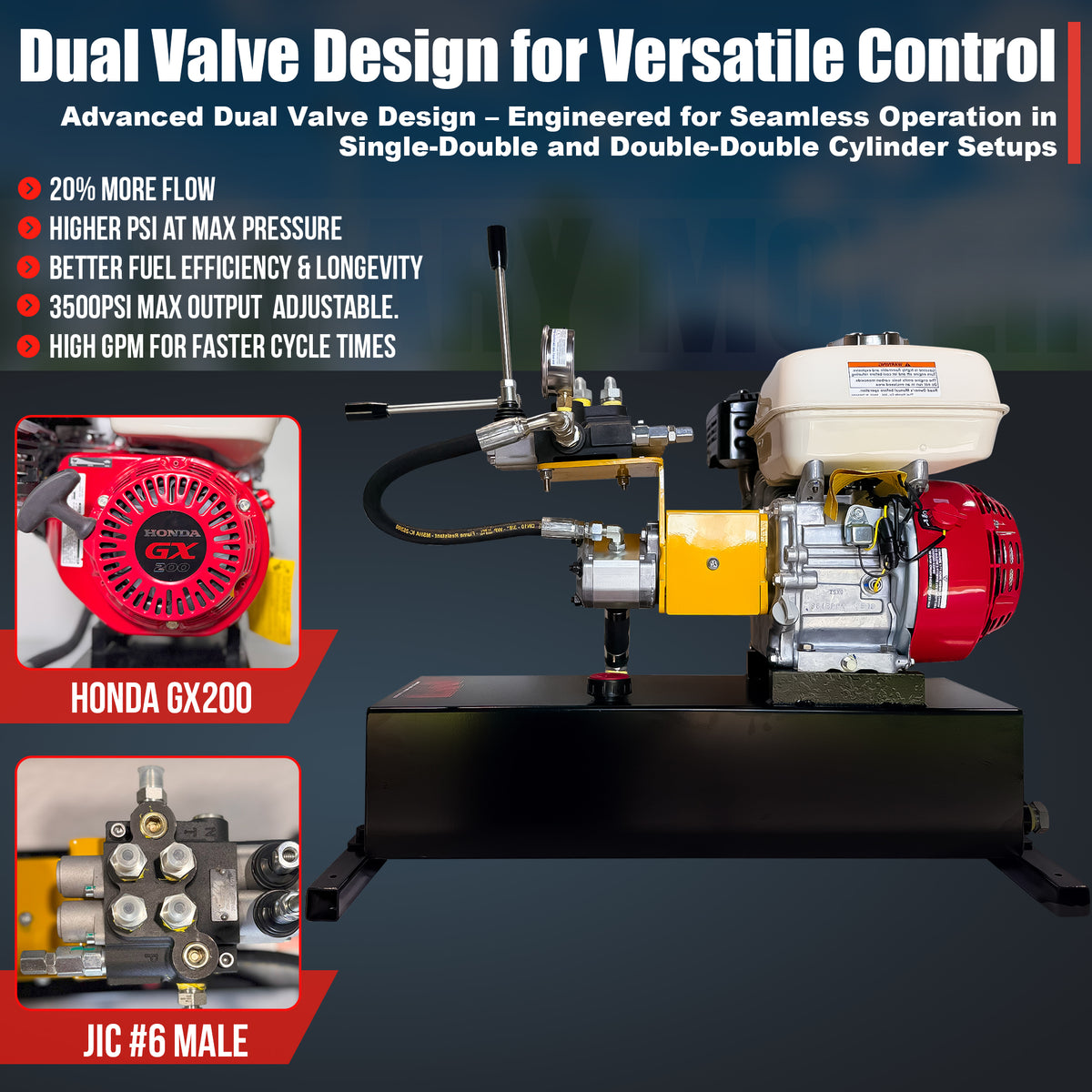 Primary Mover Double-Acting Gasoline Powered Hydraulic Pump | PF-GPU-5G

Compact hydraulic unit with Honda GX200 engine, dual-valve manifold, pressure gauge, and control lever for advanced flow and efficiency.