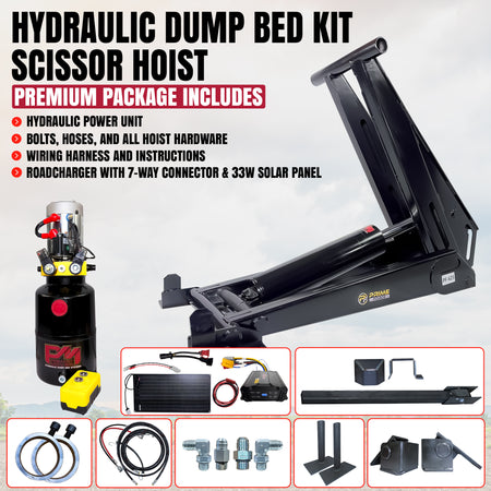 12 Ton HD Hydraulic Scissor Hoist Kit - Fits 16-20' Dump Body PF-625. Includes hoist, power unit, remote, wiring, hoses, hardware, solar charger, and battery charger.
