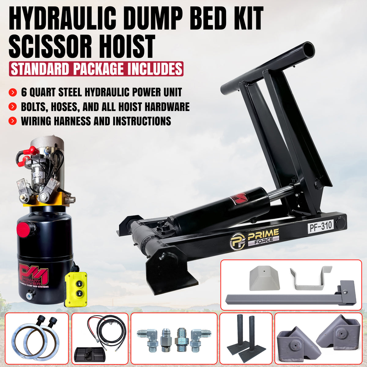 Hydraulic dump bed scissor hoist kit with power unit, frame, wiring, hoses, and mounting hardware.