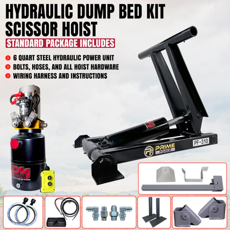 Hydraulic dump bed scissor hoist kit with power unit, frame, wiring, hoses, and mounting hardware.
