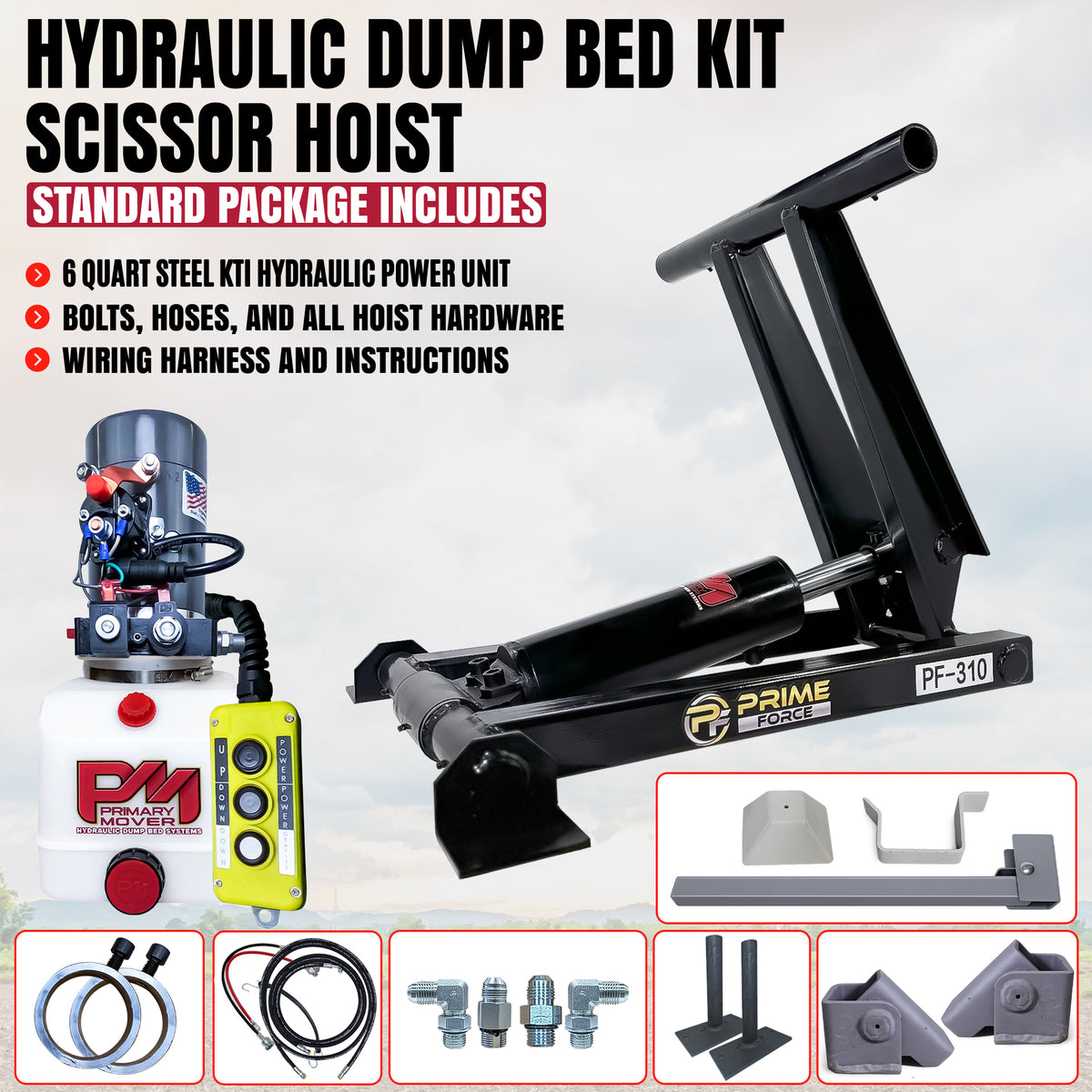 PF-310 standard scissor hoist kit with KTI hydraulic power unit, three-button remote, hoses, fittings, and mounting hardware.