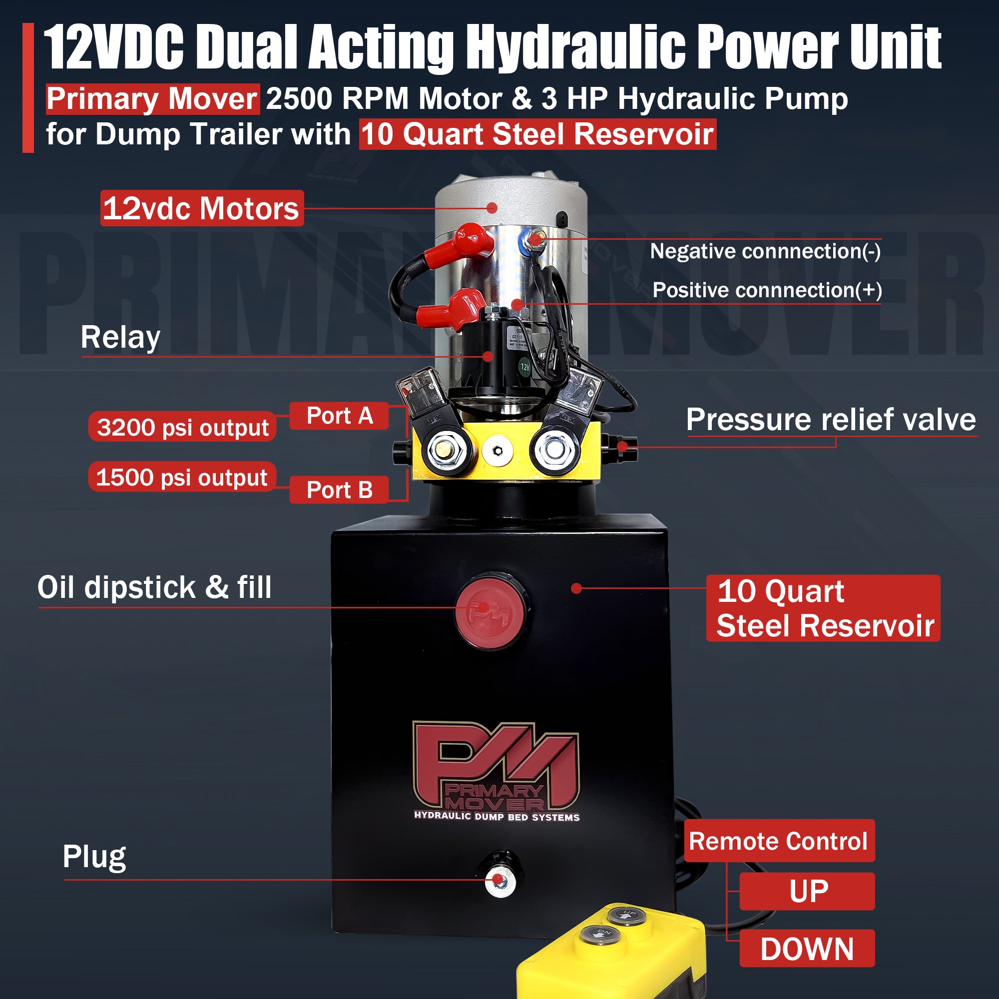 Primary Mover 12V Double-Acting Hydraulic Pump with steel reservoir, featuring dual-acting precision, visible buttons, and logo, optimized for dump bed systems.