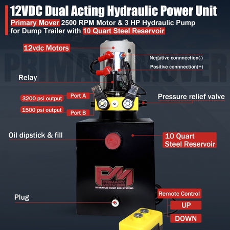 Primary Mover 12V Double-Acting Hydraulic Pump with steel reservoir, featuring dual-acting precision, visible buttons, and logo, optimized for dump bed systems.