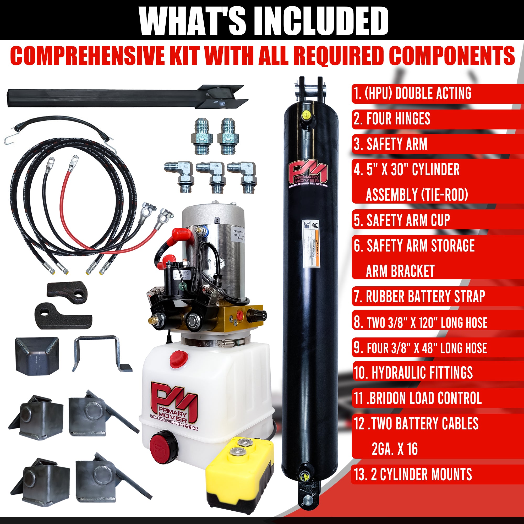 Single 5 x 30 Cylinder Direct Push Lift Kit, featuring a logo, red circular component, and signage, enhancing trailer lift efficiency and ease.