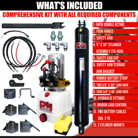 Single 5 x 30 Cylinder Direct Push Lift Kit, featuring a logo, red circular component, and signage, enhancing trailer lift efficiency and ease.