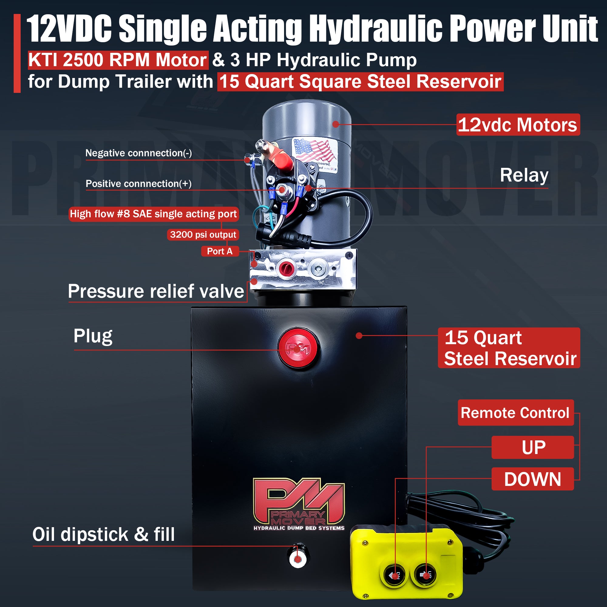 KTI 12V Single-Acting Hydraulic Pump - Steel Reservoir, showcasing its compact design, branded logo, and single-acting efficiency for hydraulic dump bed systems.