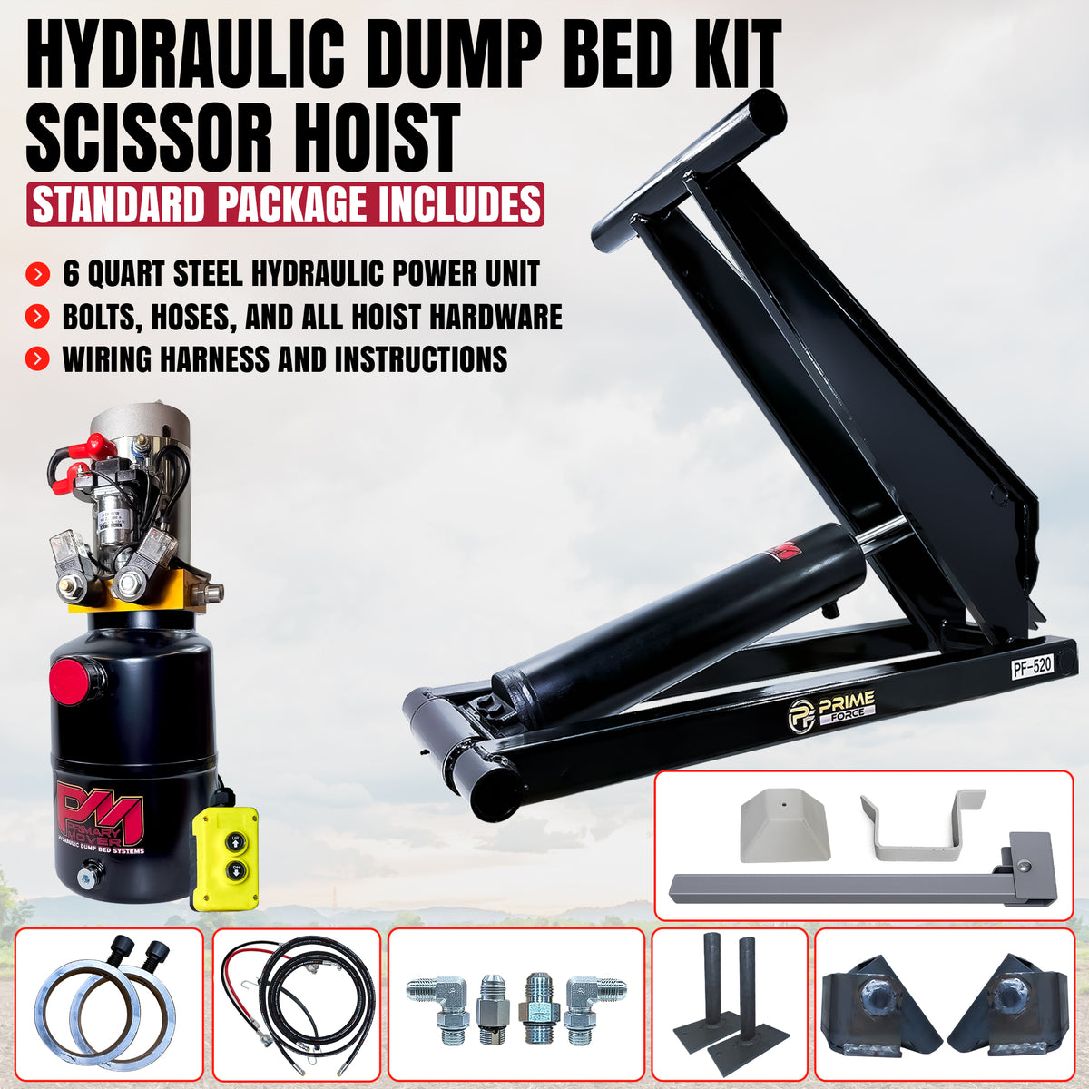 **Title:** 10 Ton Hydraulic Scissor Hoist Kit - PF-520

**Alt Text:** Image of the PF-520 Scissor Hoist Kit including hydraulic power unit, scissor arms, pendant, hoses, and mounting hardware for 12-16' dump bodies.

**Meta Description:** Discover the PF-520 Scissor Hoist Kit, designed for 12-16' dump bodies. Features a 10-ton capacity and long-stroke cylinder for improved lift angles and flexibility.