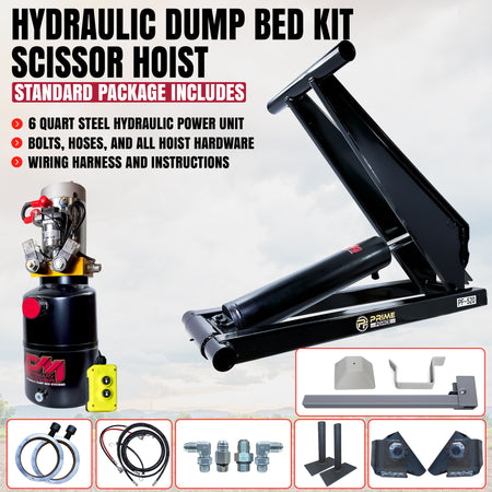 **Title:** 10 Ton Hydraulic Scissor Hoist Kit - PF-520

**Alt Text:** Image of the PF-520 Scissor Hoist Kit including hydraulic power unit, scissor arms, pendant, hoses, and mounting hardware for 12-16' dump bodies.

**Meta Description:** Discover the PF-520 Scissor Hoist Kit, designed for 12-16' dump bodies. Features a 10-ton capacity and long-stroke cylinder for improved lift angles and flexibility.