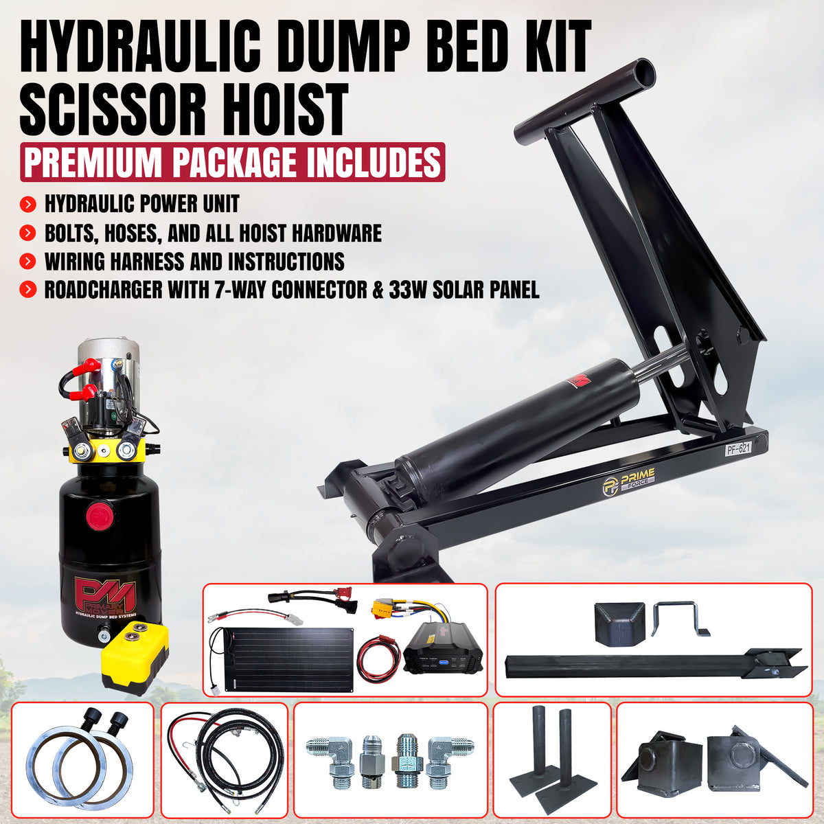 Hydraulic Dump-Bed Scissor Hoist Kit with power unit, battery maintainer, wiring, hoses, brackets, and hardware. Rated 12 tons for 16-18' dump trailers.