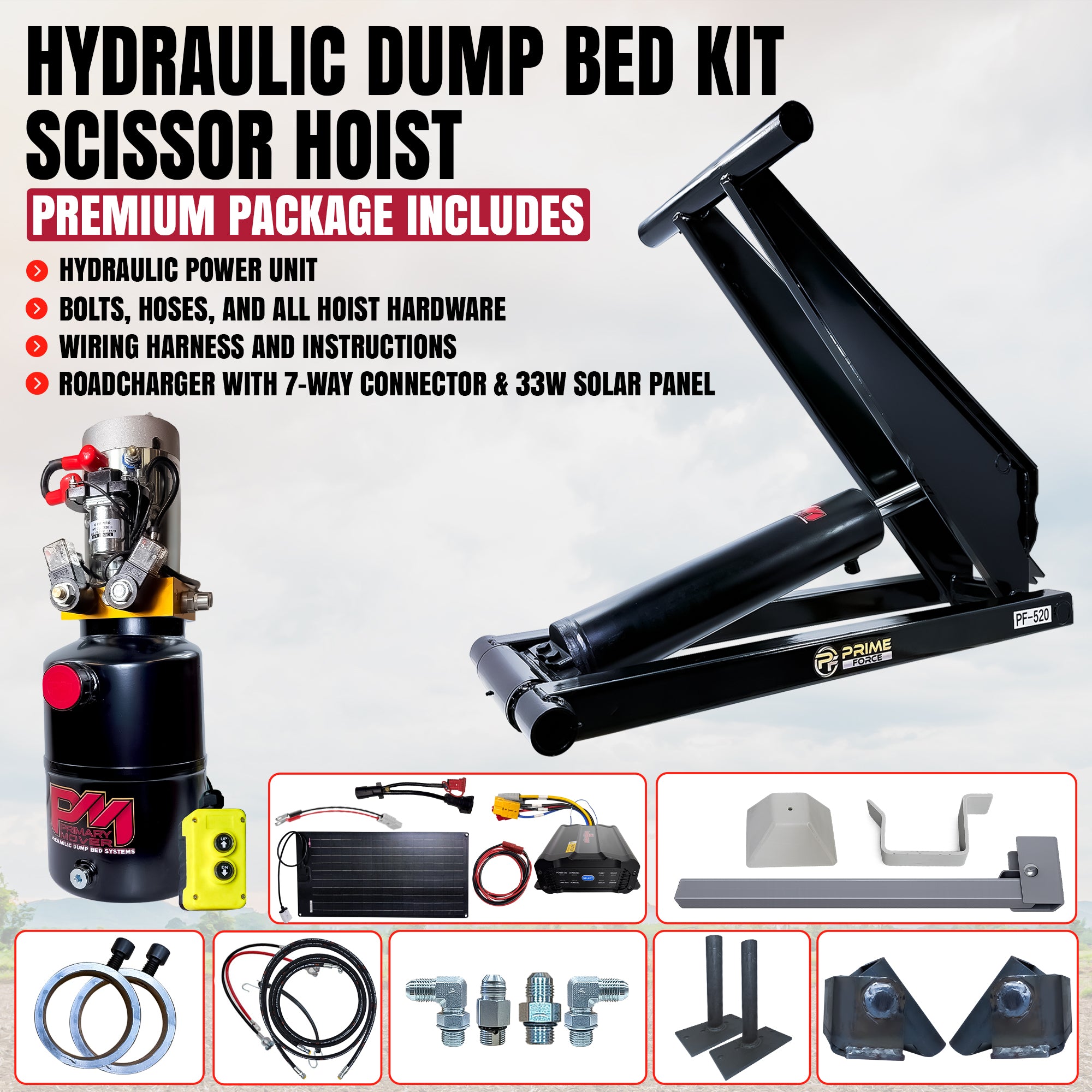 Title: 10 Ton Hydraulic Scissor Hoist Kit PF-520

Meta Description: Explore the 10 Ton Hydraulic Scissor Hoist Kit PF-520, designed for 12-16' dump bodies, featuring a comprehensive parts layout for easy assembly.

Alt Text: Exploded view of 10 Ton Hydraulic Scissor Hoist Kit PF-520 with scissor hoist cylinder, hydraulic power unit, remote control, hoses, fittings, and mounting components for dump trailers.