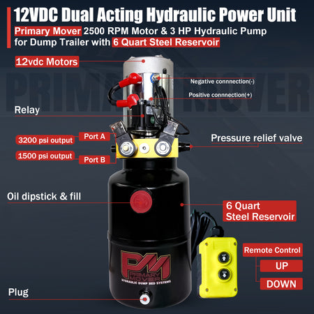 Primary Mover 12V Double-Acting Hydraulic Pump with steel reservoir, featuring dual-acting precision, red buttons, and a compact, durable design for efficient dump bed systems.