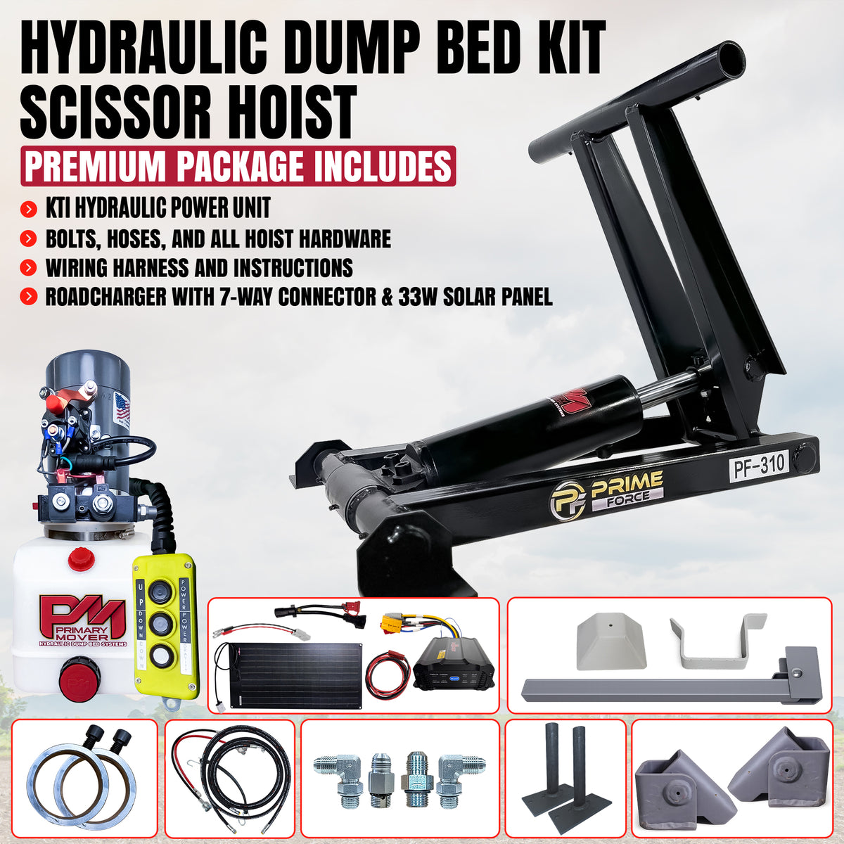 Primary Mover PF-310 3-Ton Hydraulic Scissor Hoist Kit with power unit, solar panel & hardware on white background.