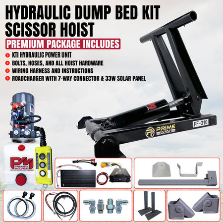 Primary Mover PF-310 3-Ton Hydraulic Scissor Hoist Kit with power unit, solar panel & hardware on white background.