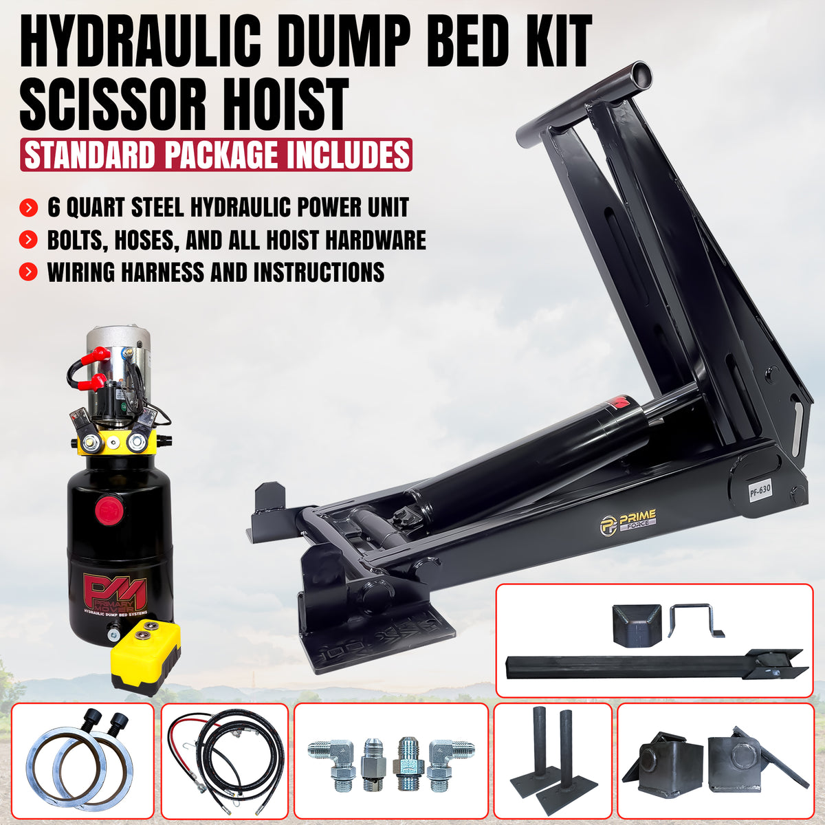 **Title:** 14 Ton HD Hydraulic Scissor Hoist Kit - Fits 18-24' Dump Body PF-630  

**Meta Description:** Prime Force PF-630 HD hydraulic scissor hoist kit for 18-24' dump trailers. Includes power unit, cylinder, and complete hardware for 14-ton lifting.  

**Alt Text:** PF-630 hydraulic scissor hoist kit with power unit, cylinder, hoses, mounting hardware, and remote for dump trailers.