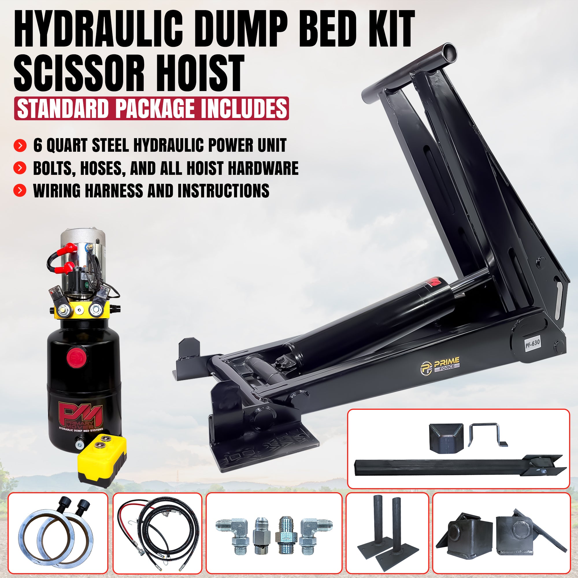 **Title:** 14 Ton HD Hydraulic Scissor Hoist Kit - Fits 18-24' Dump Body PF-630  

**Meta Description:** Prime Force PF-630 HD hydraulic scissor hoist kit for 18-24' dump trailers. Includes power unit, cylinder, and complete hardware for 14-ton lifting.  

**Alt Text:** PF-630 hydraulic scissor hoist kit with power unit, cylinder, hoses, mounting hardware, and remote for dump trailers.