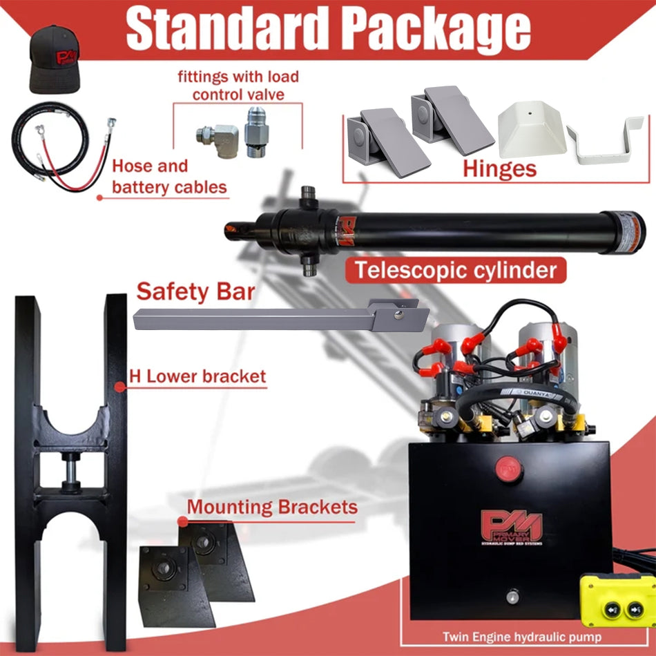 Telescopic Dump Trailer Cylinder Kit - 30 Ton Dumping Capacity - 168" Stroke - Fits 16-20' Dump Body | EF-12-168 | High-Flow 24VDC Twin Power Unit