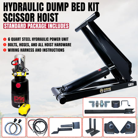 10 Ton Hydraulic Scissor Hoist Kit - Fits 12-16' Dump Body PF-520. Features scissor-lift frame, hydraulic power unit, hoses, fittings, and mounting hardware.