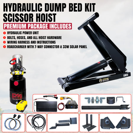 10 Ton Hydraulic Scissor Hoist Kit - Fits 12-16' Dump Body PF-520

The kit includes a hydraulic hoist, power unit, remote, solar panel, wiring, hoses, and hardware for 12-16' dump trailers.