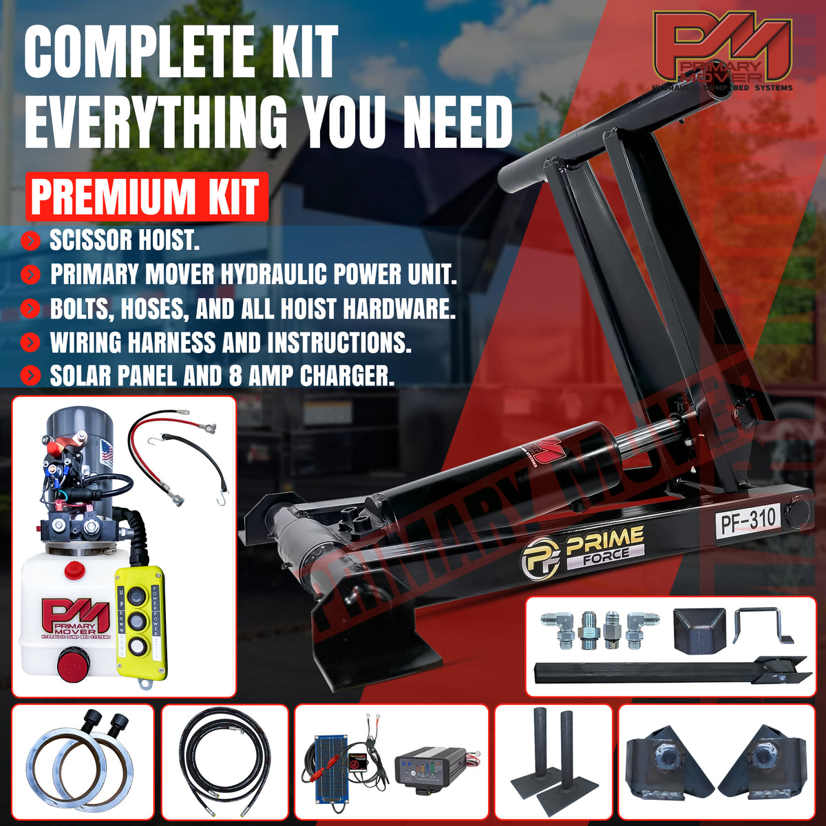 3 Ton Hydraulic Scissor Hoist Kit - Fits 8-10' Dump Body - PF-310

Complete Premium Kit with hydraulic hoist, power unit, solar panel, hoses, and mounting hardware for dump trailers.