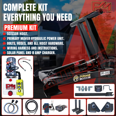 3 Ton Hydraulic Scissor Hoist Kit - Fits 8-10' Dump Body - PF-310

Complete Premium Kit with hydraulic hoist, power unit, solar panel, hoses, and mounting hardware for dump trailers.