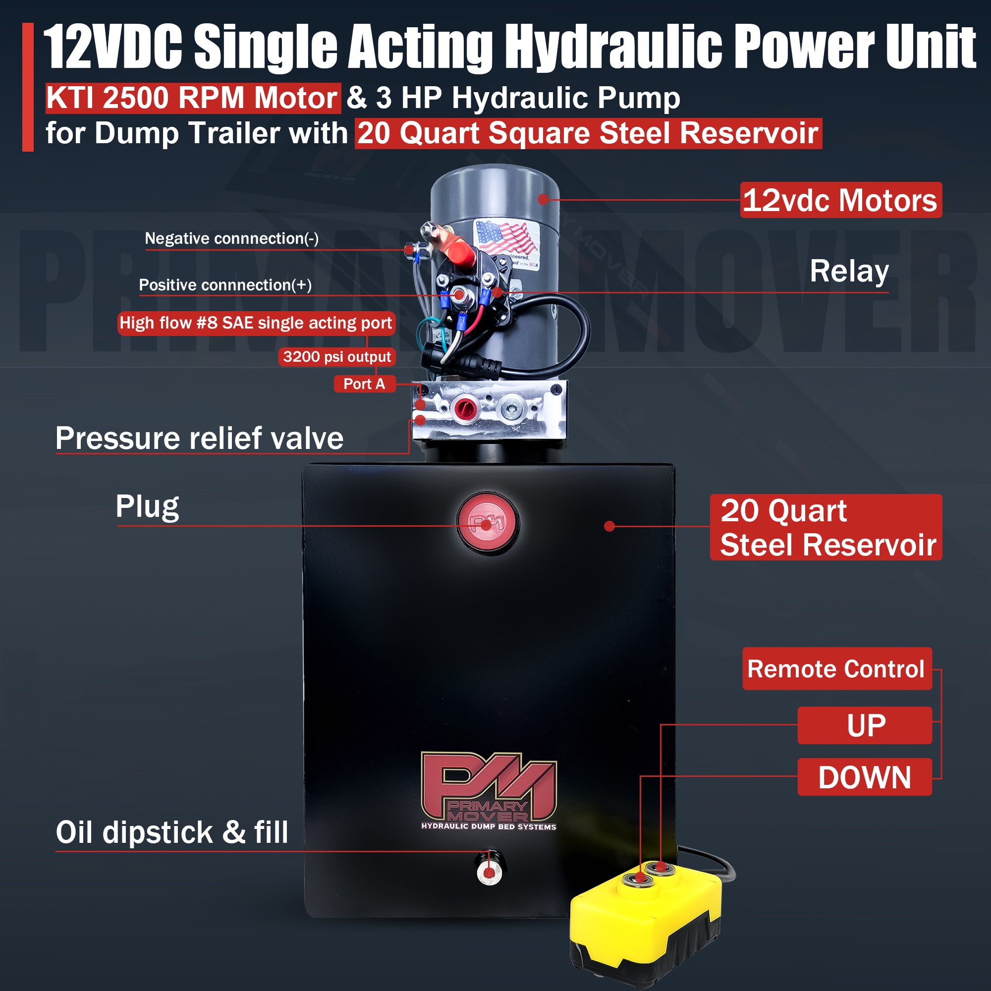 KTI 12V Single-Acting Hydraulic Pump - Steel Reservoir, showcased on a red sign with white text, highlighting its efficiency in hydraulic dump bed systems.