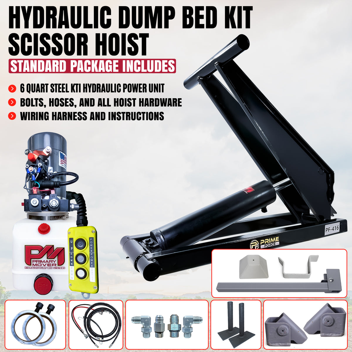 Primary Mover 6 Ton Hydraulic Scissor Hoist Kit for 10-14′ dump bodies (PF-416) with power unit, hoses, wiring, and instructions shown.