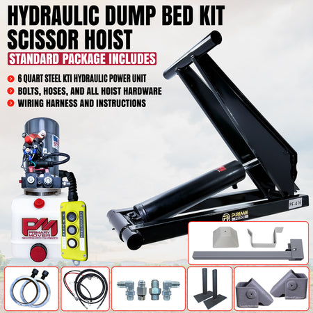 Primary Mover 6 Ton Hydraulic Scissor Hoist Kit for 10-14′ dump bodies (PF-416) with power unit, hoses, wiring, and instructions shown.
